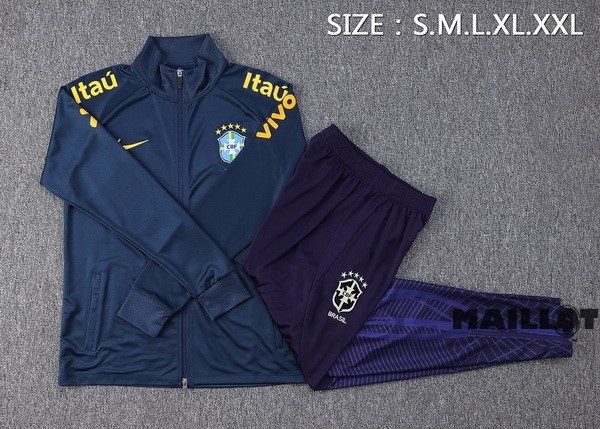 Foot Maillot Pas Cher Ensemble Complet Ropa Deportiva Con Cremallera Larga Brésil 2022 Bleu Marine