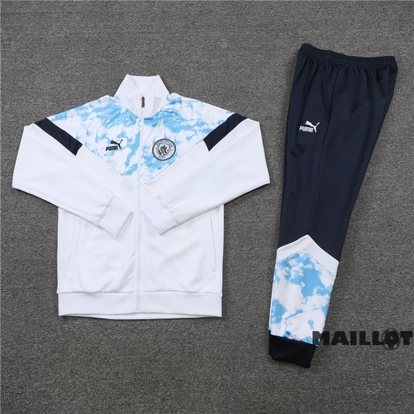 Foot Maillot Pas Cher Ensemble Complet Ropa Deportiva Con Cremallera Larga Manchester City 2022 2023 Blanc Bleu