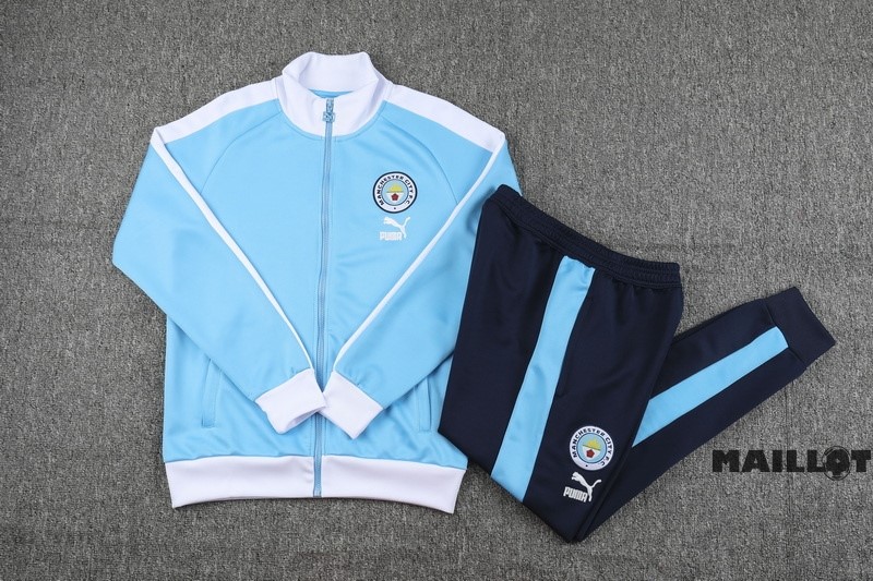 Foot Maillot Pas Cher Ensemble Complet Ropa Deportiva Con Cremallera Larga Manchester City 2023 2024 Bleu II Blanc