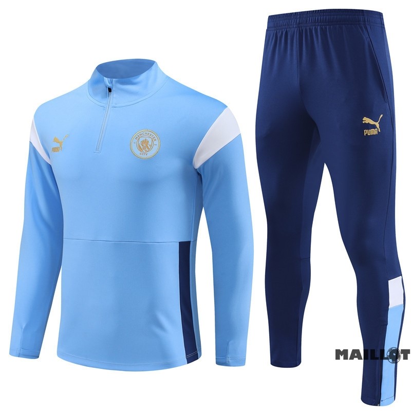 Foot Maillot Pas Cher Ensemble Complet Ropa Deportiva Con Cremallera Larga Manchester City Enfant 2023 2024 Bleu III Blanc