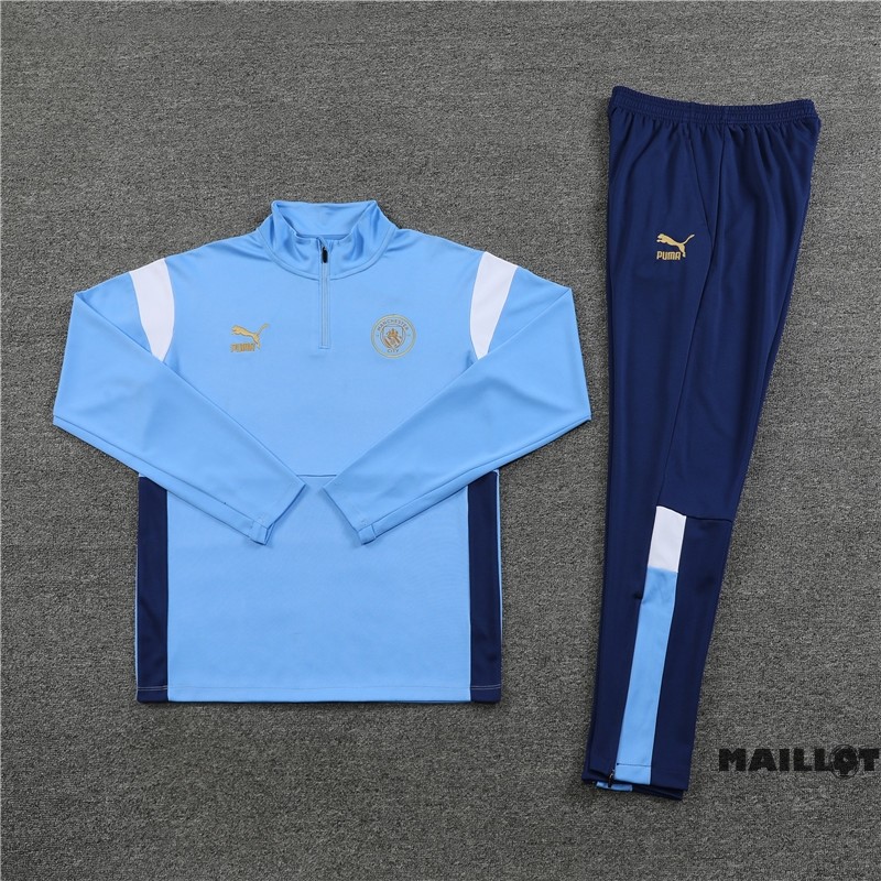 Foot Maillot Pas Cher Ensemble Complet Ropa Deportiva Con Cremallera Larga Manchester City Enfant 2023 2024 Bleu III Blanc