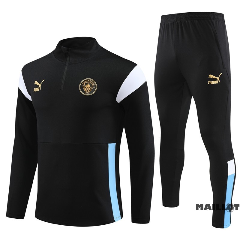 Foot Maillot Pas Cher Ensemble Complet Ropa Deportiva Con Cremallera Larga Manchester City Enfant 2023 2024 Noir Blanc