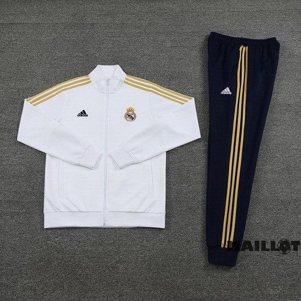 Foot Maillot Pas Cher Ensemble Complet Ropa Deportiva Con Cremallera Larga Real Madrid 2023 2024 Blanc Bleu Jaune