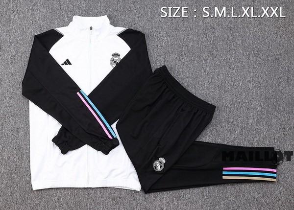 Foot Maillot Pas Cher Ensemble Complet Ropa Deportiva Con Cremallera Larga Real Madrid 2023 2024 Blanc Noir
