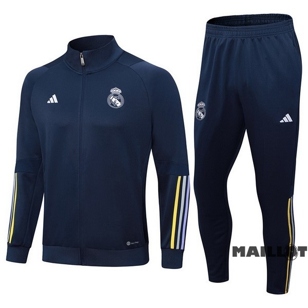 Foot Maillot Pas Cher Ensemble Complet Ropa Deportiva Con Cremallera Larga Real Madrid 2023 2024 Bleu Marine I Jaune