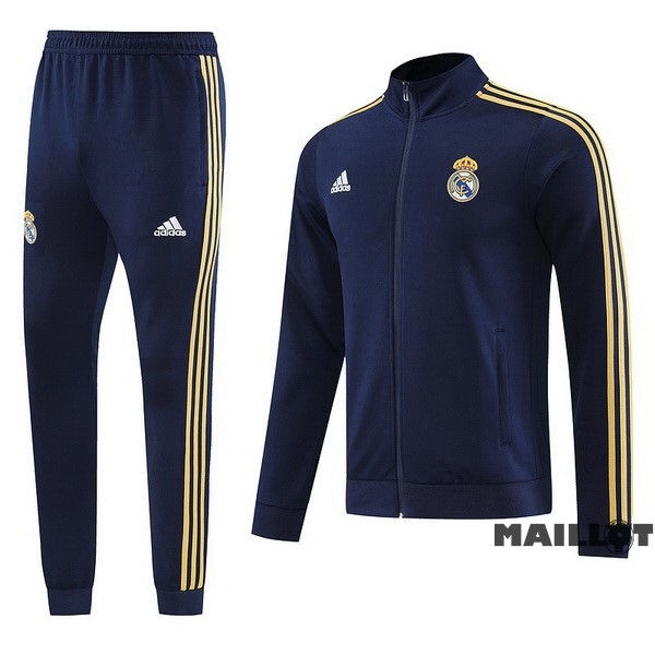 Foot Maillot Pas Cher Ensemble Complet Ropa Deportiva Con Cremallera Larga Real Madrid 2023 2024 Bleu Marine Jaune