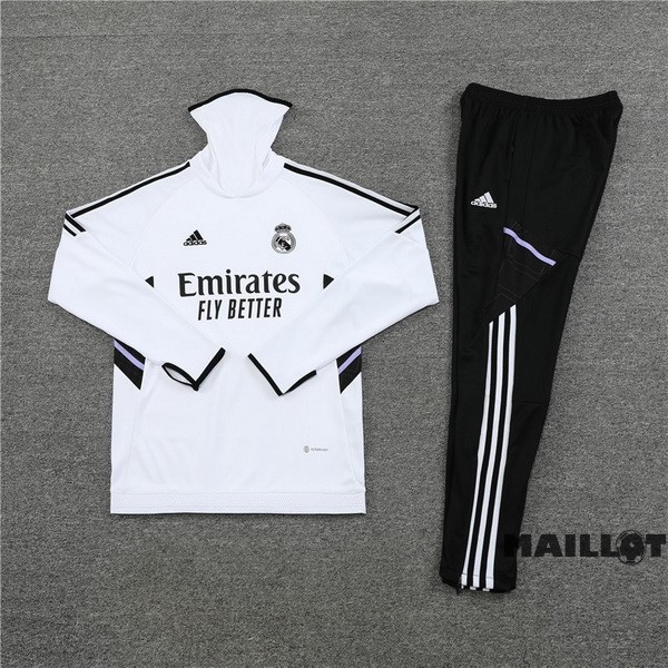 Foot Maillot Pas Cher Ensemble Complet Sudadera Entrainement Enfant Real Madrid 2022 2023 Blanc Noir