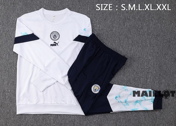 Foot Maillot Pas Cher Ensemble Complet Sudadera Entrainement Manchester City 2022 2023 Blanc Bleu