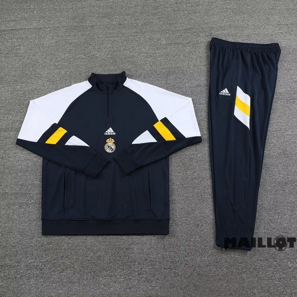 Foot Maillot Pas Cher Ensemble Complet Sudadera Entrainement Real Madrid 2023 2024 Blanc Bleu Jaune