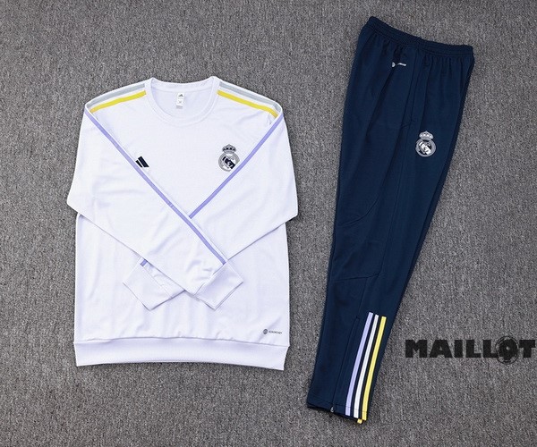 Foot Maillot Pas Cher Ensemble Complet Sudadera Entrainement Real Madrid 2023 2024 Blanc II Bleu