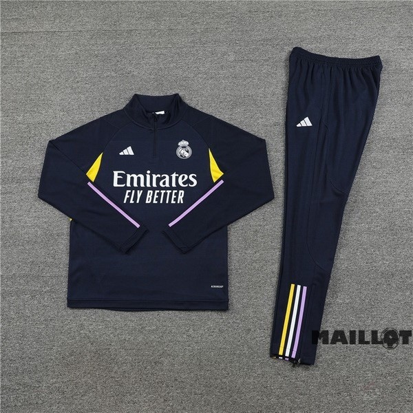 Foot Maillot Pas Cher Ensemble Complet Sudadera Entrainement Real Madrid 2023 2024 Bleu Marine Jaune