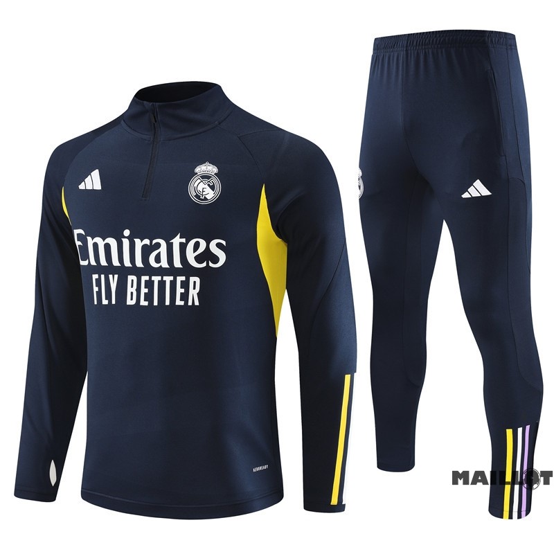 Foot Maillot Pas Cher Ensemble Complet Sudadera Entrainement Real Madrid Enfant 2023 2024 Bleu Marine Jaune