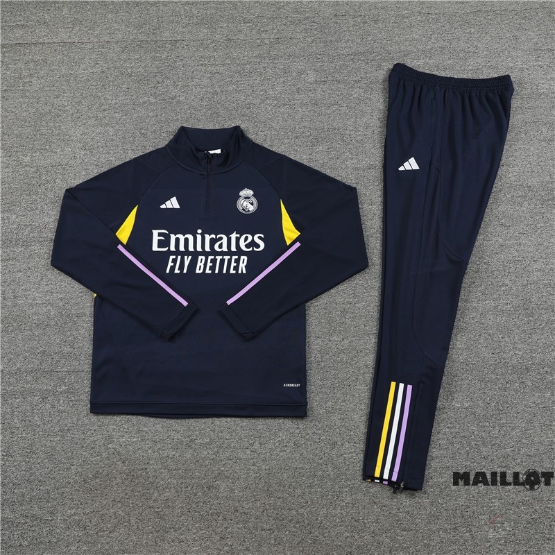 Foot Maillot Pas Cher Ensemble Complet Sudadera Entrainement Real Madrid Enfant 2023 2024 Bleu Marine Jaune