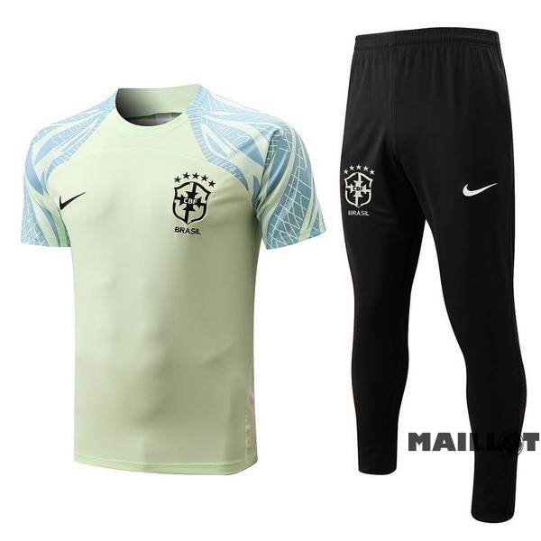 Foot Maillot Pas Cher Entrainement Ensemble Complet Enfant Brésil 2022 Vert II Noir