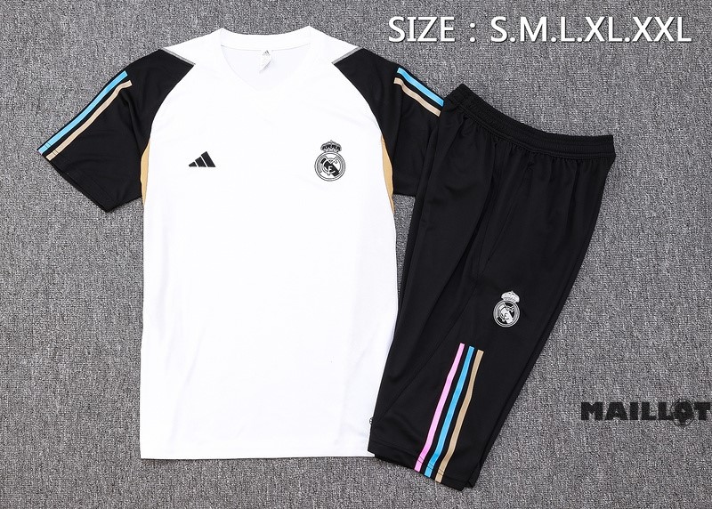 Foot Maillot Pas Cher Entrainement Ensemble Complet Real Madrid 2023 2024 Blanc Jaune Noir