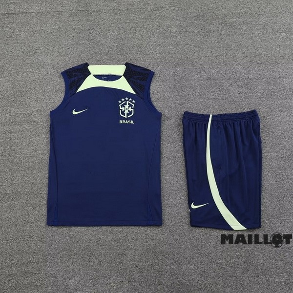 Foot Maillot Pas Cher Entrainement Sans Manches Ensemble Complet Brésil 2022 Bleu Marine II Vert