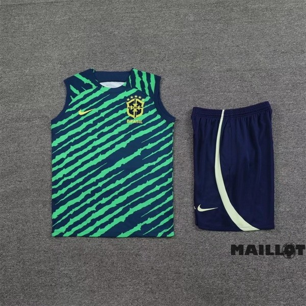 Foot Maillot Pas Cher Entrainement Sans Manches Ensemble Complet Brésil 2022 Vert Bleu Marine