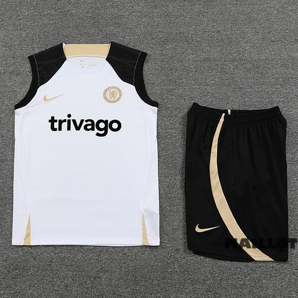 Foot Maillot Pas Cher Entrainement Sans Manches Ensemble Complet Chelsea 2023 2024 Blanc II Noir