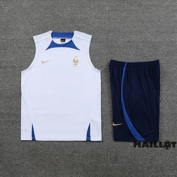 Foot Maillot Pas Cher Entrainement Sans Manches Ensemble Complet France 2023 Blanc Bleu