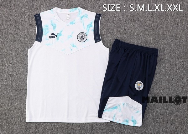 Foot Maillot Pas Cher Entrainement Sans Manches Ensemble Complet Manchester City 2022 2023 Blanc Bleu