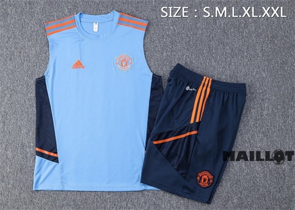 Foot Maillot Pas Cher Entrainement Sans Manches Ensemble Complet Manchester United 2022 2023 Bleu Clair