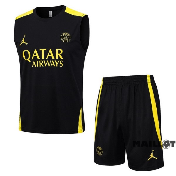 Foot Maillot Pas Cher Entrainement Sans Manches Ensemble Complet Paris Saint Germain 2023 2024 Noir Jaune