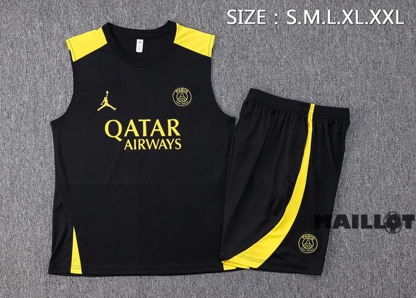 Foot Maillot Pas Cher Entrainement Sans Manches Ensemble Complet Paris Saint Germain 2023 2024 Noir Jaune