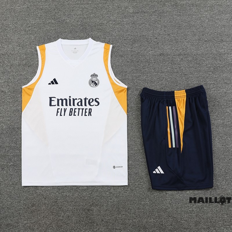 Foot Maillot Pas Cher Entrainement Sans Manches Ensemble Complet Real Madrid 2023 2024 Blanc Jaune Bleu