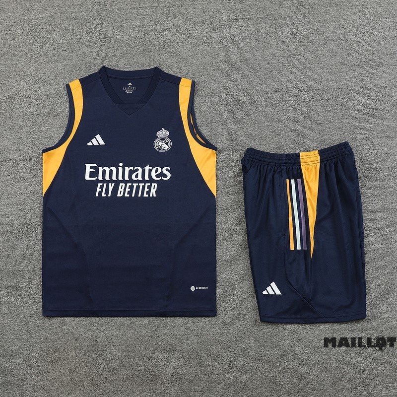 Foot Maillot Pas Cher Entrainement Sans Manches Ensemble Complet Real Madrid 2023 2024 Bleu Marine I Jaune