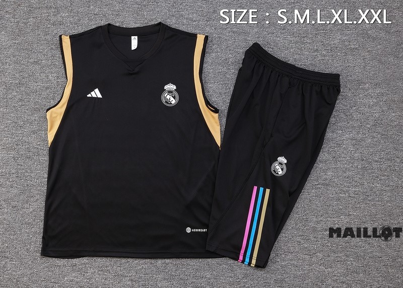 Foot Maillot Pas Cher Entrainement Sans Manches Ensemble Complet Real Madrid 2023 2024 Noir Jaune