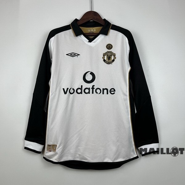 Foot Maillot Pas Cher Exterieur Manches Longues Manchester United Retro 2001 2002 Blanc