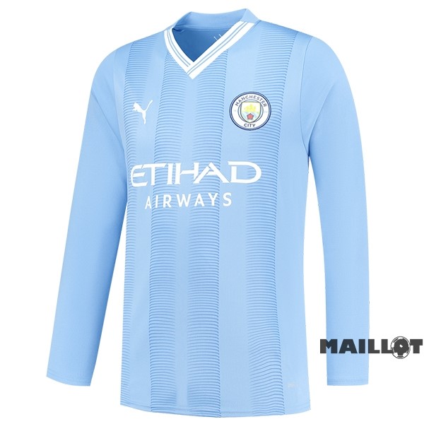 Foot Maillot Pas Cher Thailande Domicile Manches Longues Manchester City 2023 2024 Bleu
