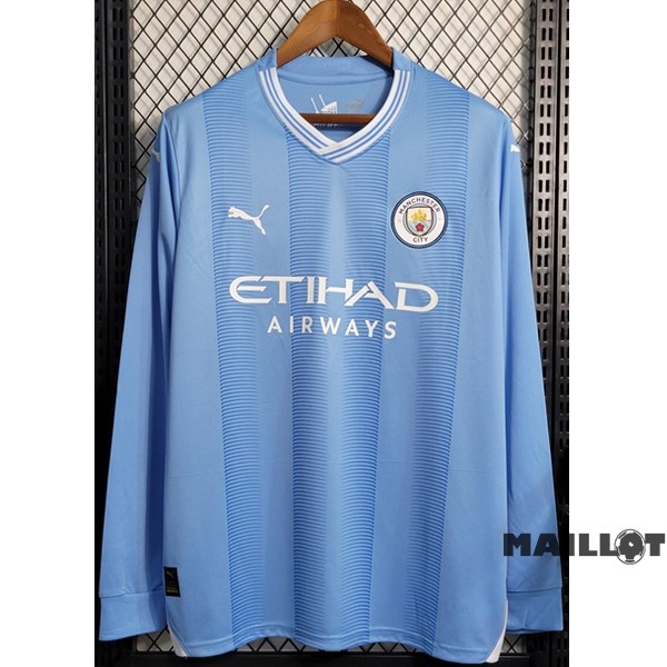 Foot Maillot Pas Cher Thailande Domicile Manches Longues Manchester City 2023 2024 Bleu