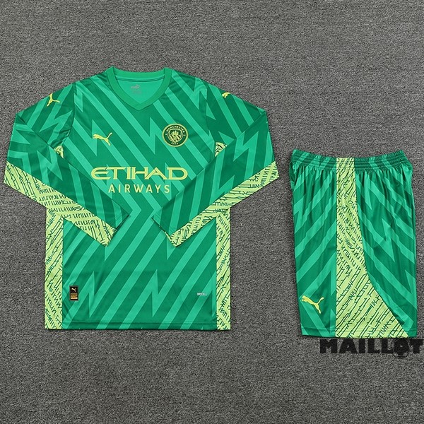 Foot Maillot Pas Cher Thailande Gardien Manches Longues Conjunto De Homme Manchester City 2023 2024 Vert