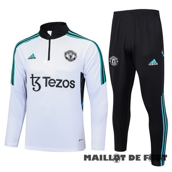 Foot Maillot Pas Cher Ensemble Complet Sudadera Entrainement Enfant Manchester United 2023 2024 Blanc Vert Noir