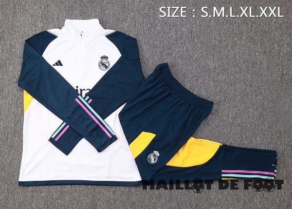 Foot Maillot Pas Cher Ensemble Complet Sudadera Entrainement Real Madrid 2023 2024 Blanc Bleu Jaune