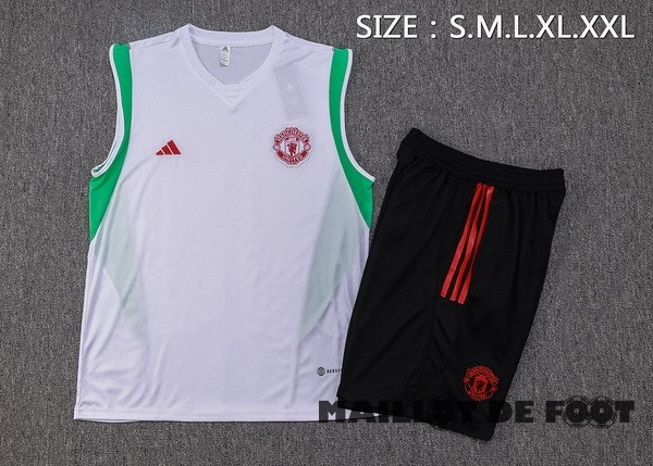 Foot Maillot Pas Cher Entrainement Sans Manches Ensemble Complet Manchester United 2023 2024 Blanc Vert Noir
