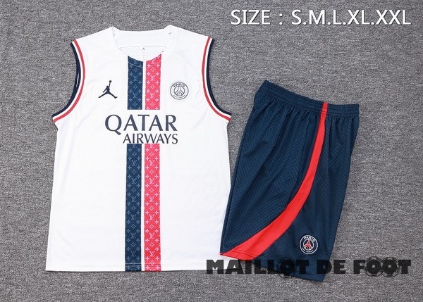 Foot Maillot Pas Cher Entrainement Sans Manches Ensemble Complet Paris Saint Germain 2023 2024 Blanc Rouge Bleu