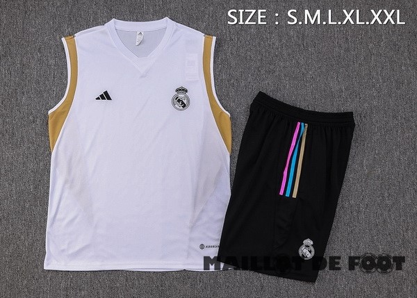 Foot Maillot Pas Cher Entrainement Sans Manches Ensemble Complet Real Madrid 2023 2024 Blanc Jaune Noir