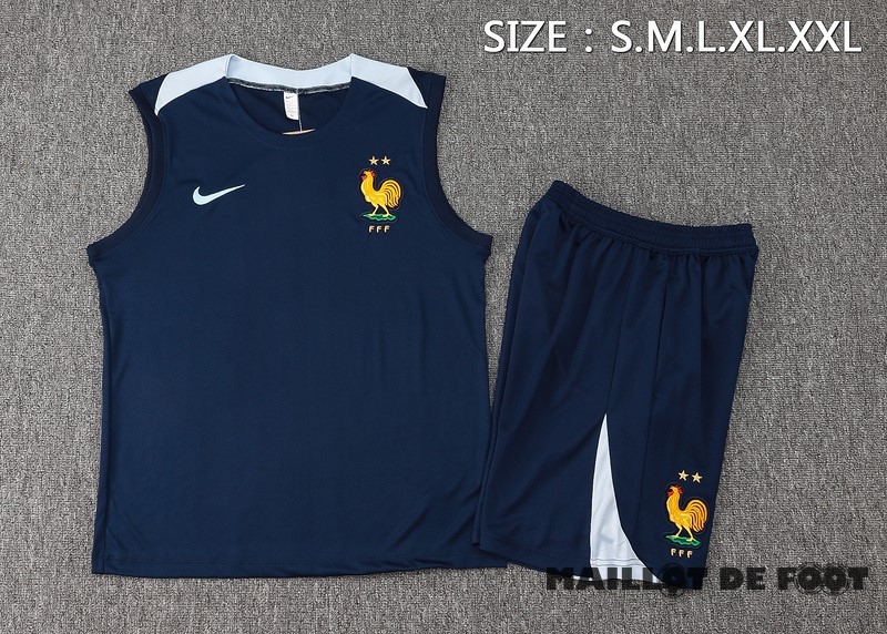 Foot Maillot Pas Cher Entrainement Sans Manches Ensemble Complet France 2024 Bleu Marine